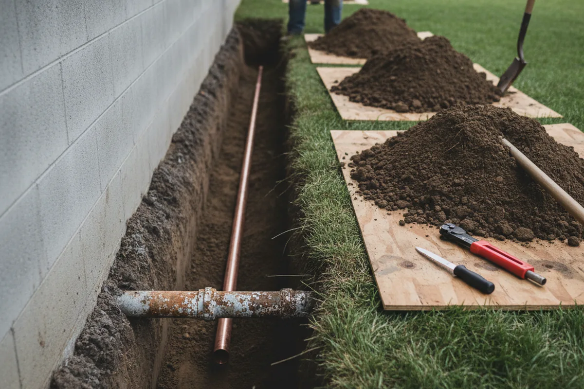Excavated water line trench during Water Heater Repair in Mount Ulla